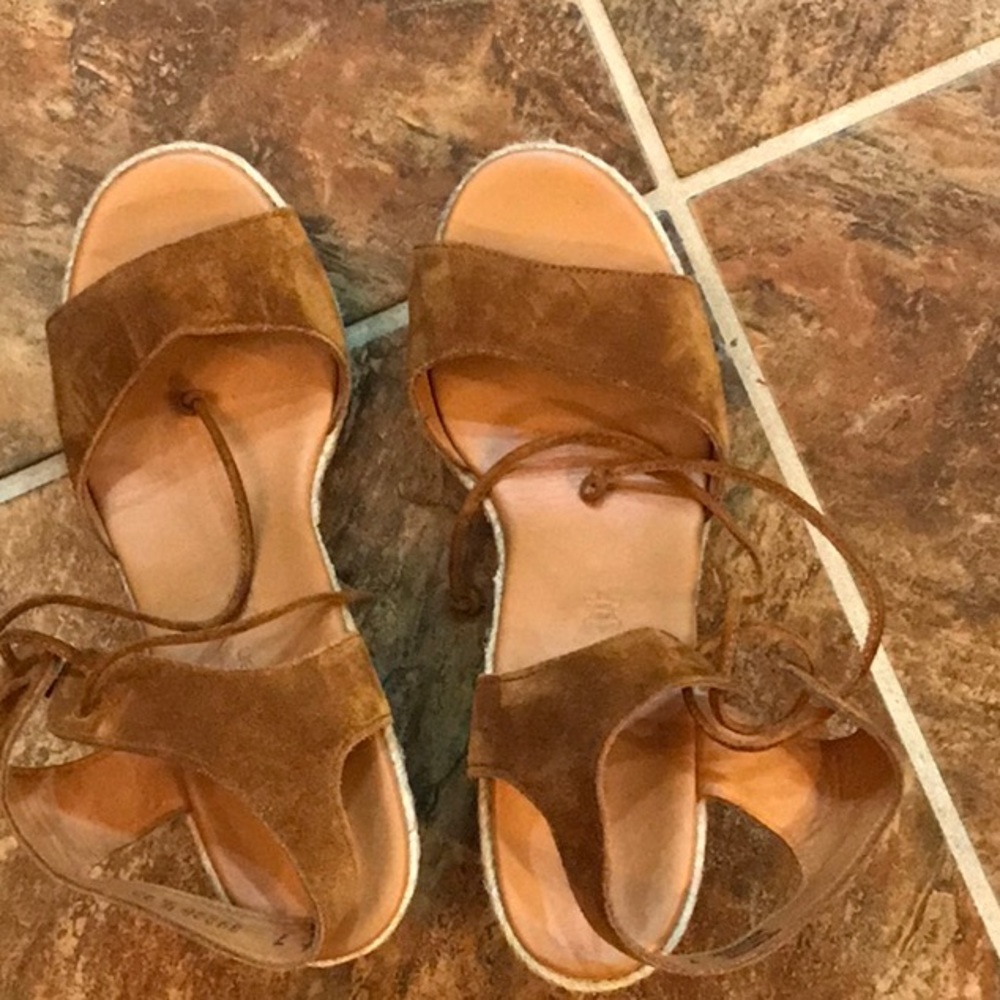 Paul Green Melissa Cognac Suede Cork Espadrille Wedge Sandals